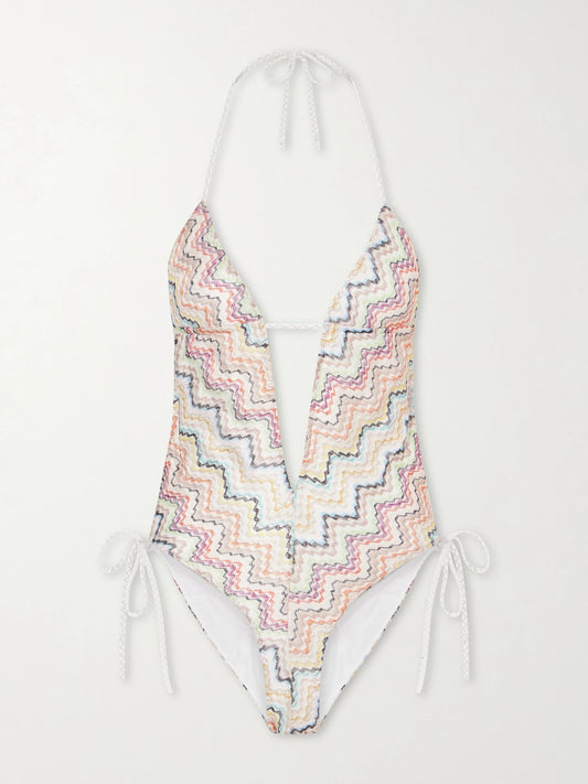 Image of Swimwear. Product name - Striped Crochet-knit Halterneck Swimsuit in Multi colour by brand - Missoni