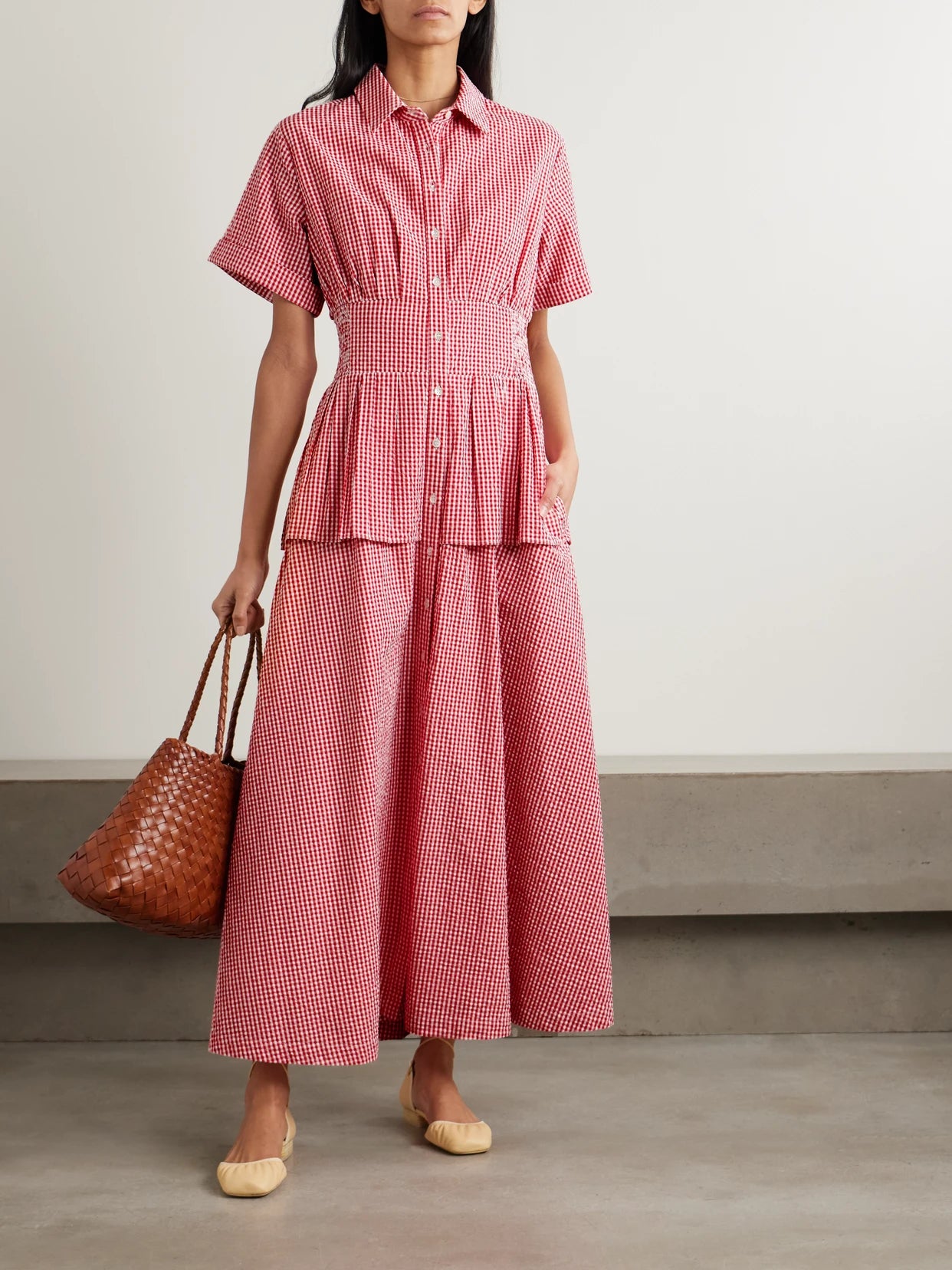 Image of Dresses. Product name - Boogie Woogie Bugle Boy Gingham Cotton-seersucker Maxi Shirt Dress in Red colour by brand - Rosie Assoulin