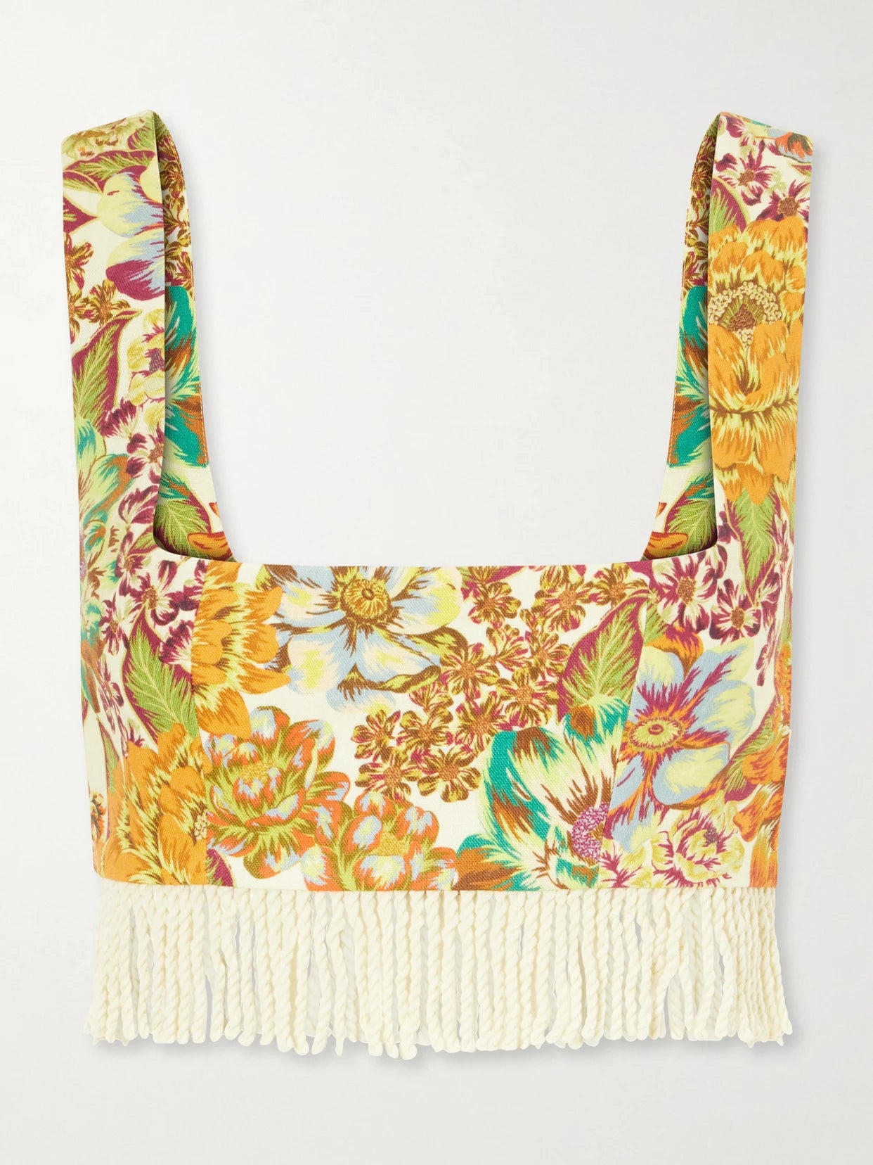 Fringed Cropped Floral-print Linen Top