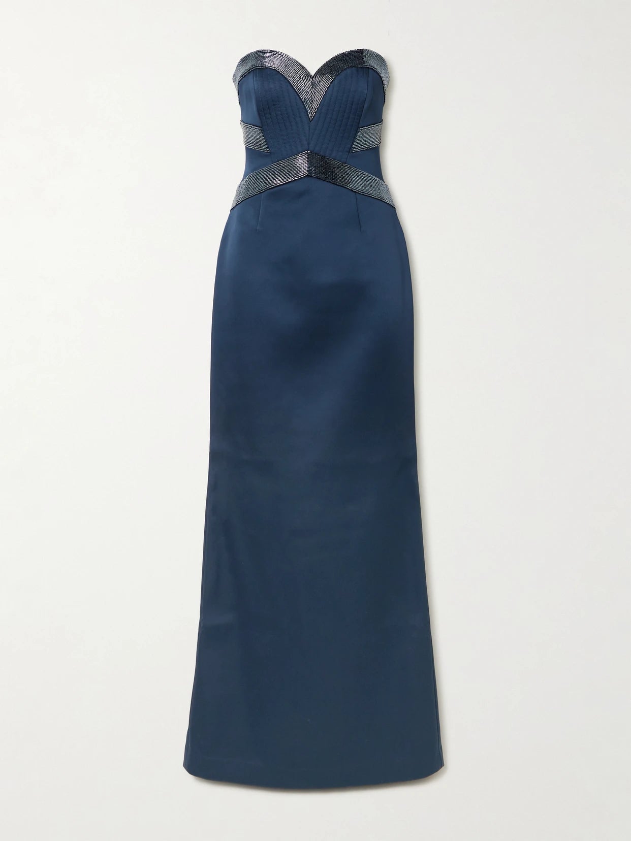 Image of Dresses. Product name - Elivera Strapless Bead-embellished Satin Gown in Navy colour by brand - Rebecca Vallance