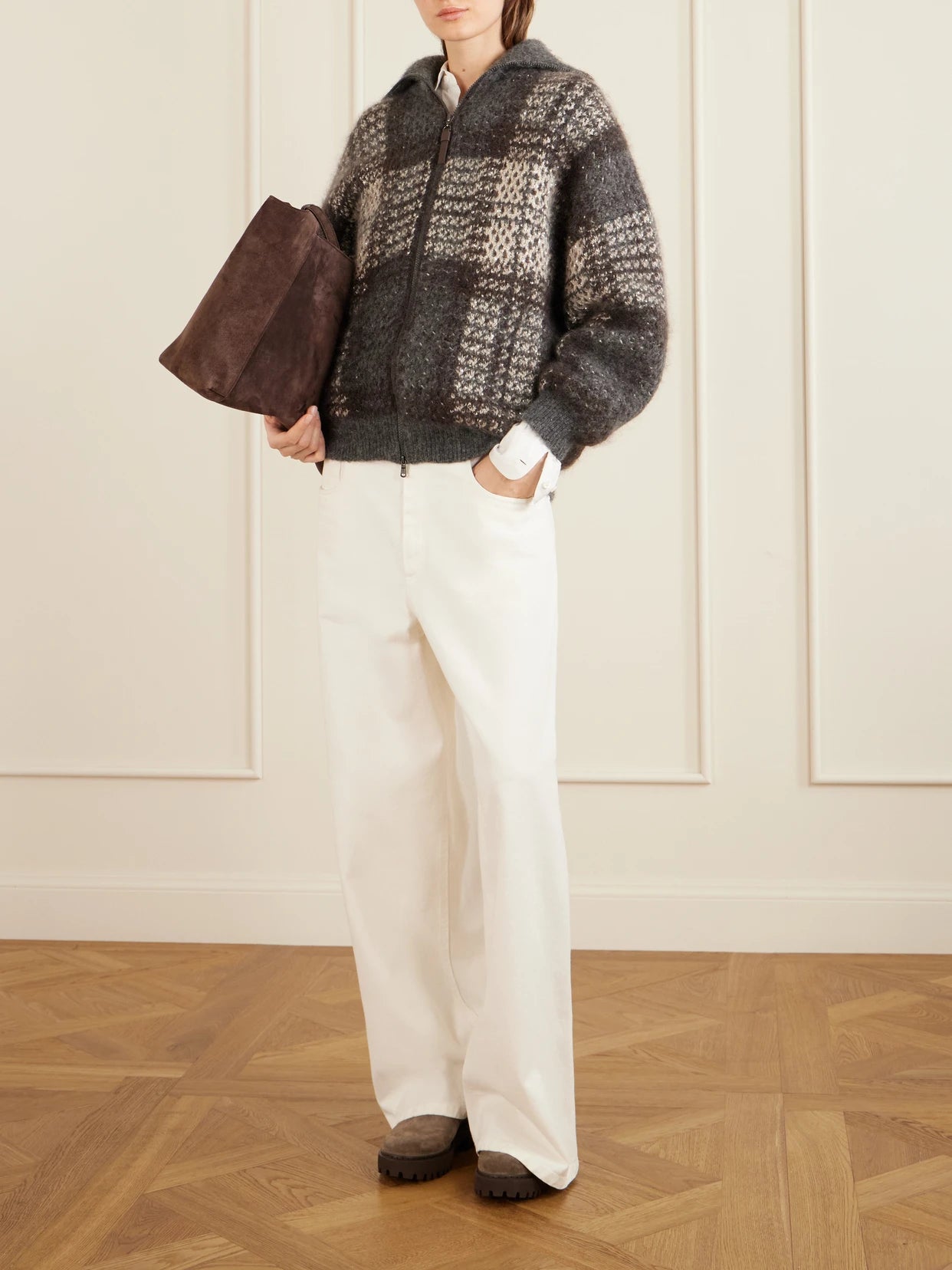 Image of Coats & Jackets. Product name - Sequin-embellished Checked Woven Jacket in Gray colour by brand - Brunello Cucinelli