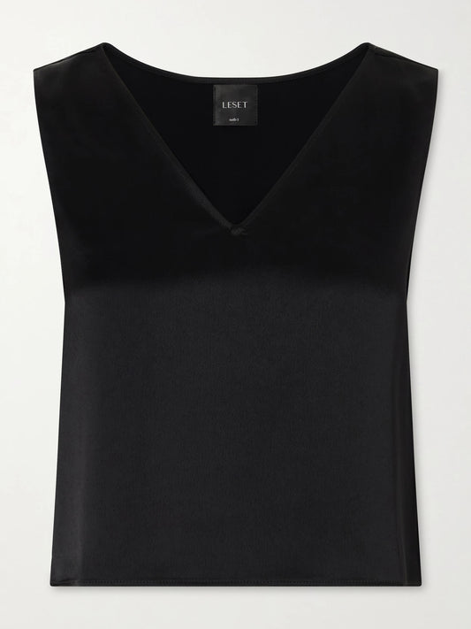 Image of a model wearing Tops. Product name - Barb Satin Tank Top in Black colour by brand - LESET