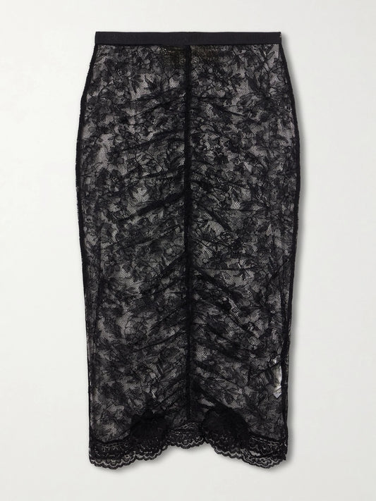Image of a model wearing Skirts. Product name - Lace Midi Skirt in Black colour by brand - Valentino Garavani