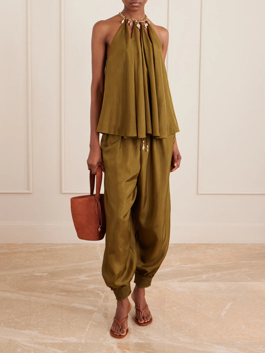 Image of Blouses. Product name - Mahon Embellished Gathered Silk-satin Blouse in Green colour by brand - Zimmermann