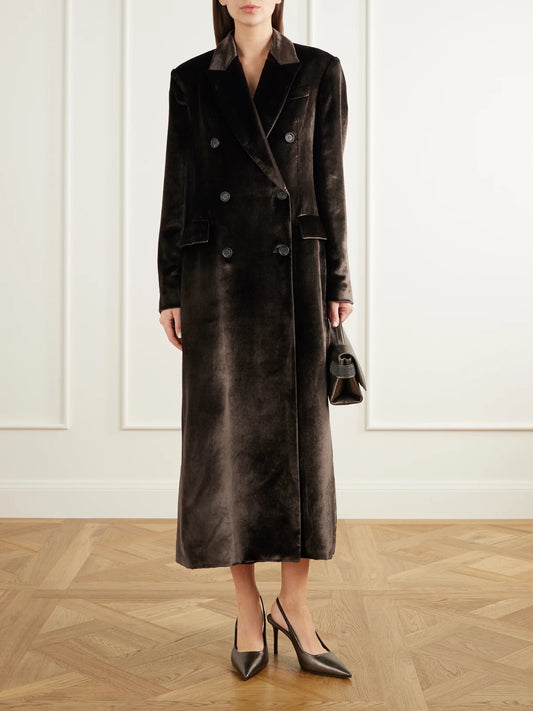 Image of Coats & Jackets. Product name - Double-breasted Velvet Coat in Dark brown colour by brand - Brunello Cucinelli