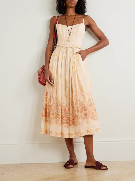 Image of Dresses. Product name - Wanderlust Gathered Printed Cotton-voile Midi Dress in Coral colour by brand - Zimmermann