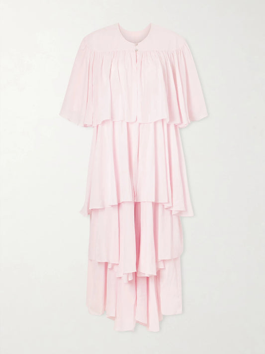 Image of Dresses. Product name - Formentera Ruffled Cotton And Silk-blend Voile Kaftan in Pink colour by brand - Les Vacances D'Irina