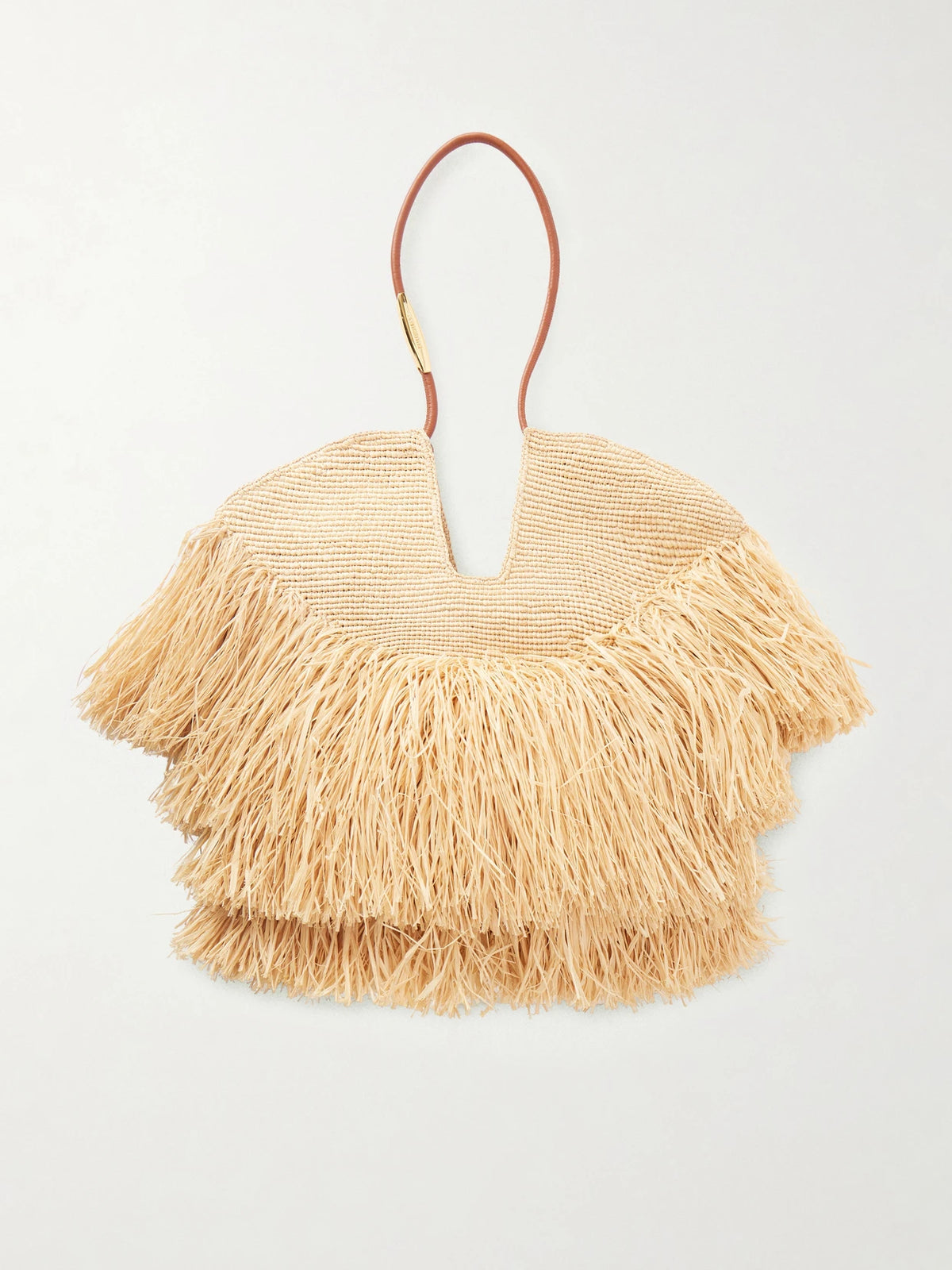 Goldentime Medium Fringed Leather-trimmed Raffia Tote