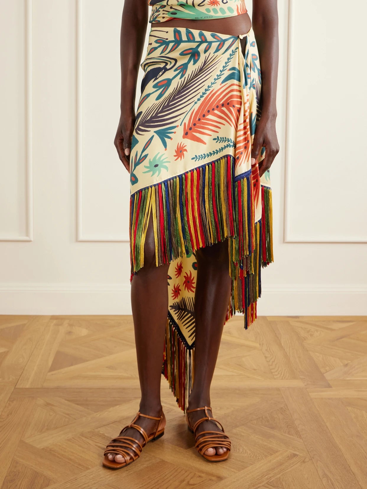 Asymmetric Fringed Printed Silk-twill Mini Skirt