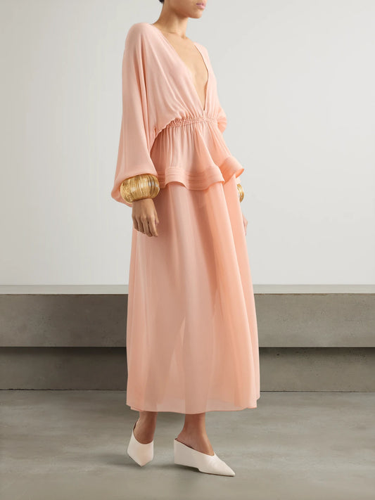 Image of Dresses. Product name - Gathered Georgette Peplum Midi Dress in Peach colour by brand - Alaïa