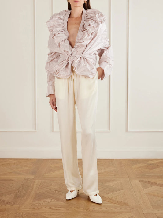 Image of a model wearing Tops. Product name - Sata Gathered Duchess Silk-satin Blouse in Pink colour by brand - Sharon Wauchob