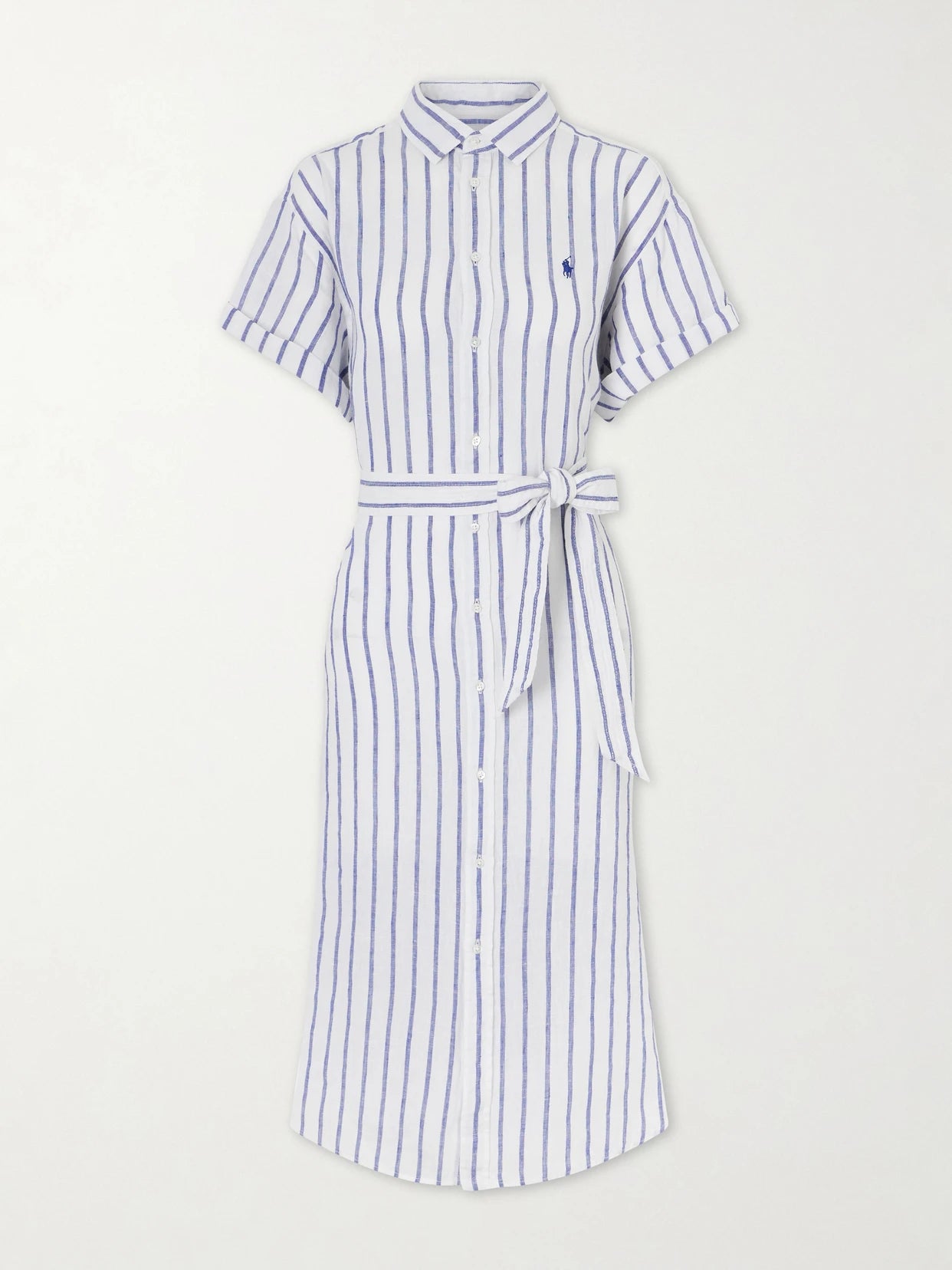 Image of Dresses. Product name - Belted Striped Linen Midi Dress in Blue colour by brand - Polo Ralph Lauren