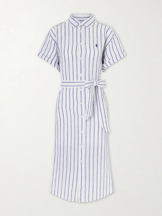 Image of Dresses. Product name - Belted Striped Linen Midi Dress in Blue colour by brand - Polo Ralph Lauren
