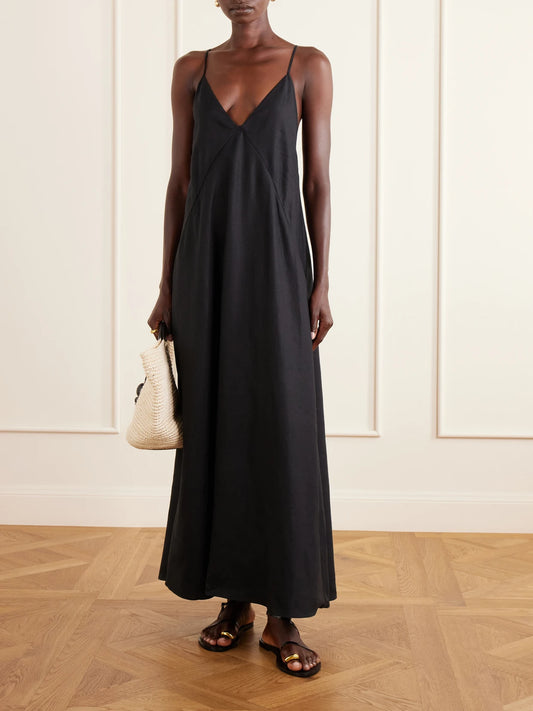 Image of Dresses. Product name - Knotted Paneled Linen Maxi Dress in Black colour by brand - Another Tomorrow