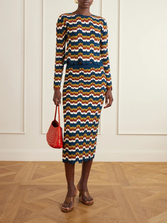 Image of a model wearing Tops. Product name - Lucero Crocheted Cotton Blouse in Blue colour by brand - ESCVDO