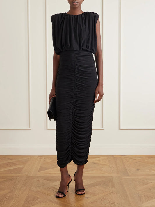 Image of Dresses. Product name - Lunaria Gathered Belted Jersey Midi Dress in Black colour by brand - Aje