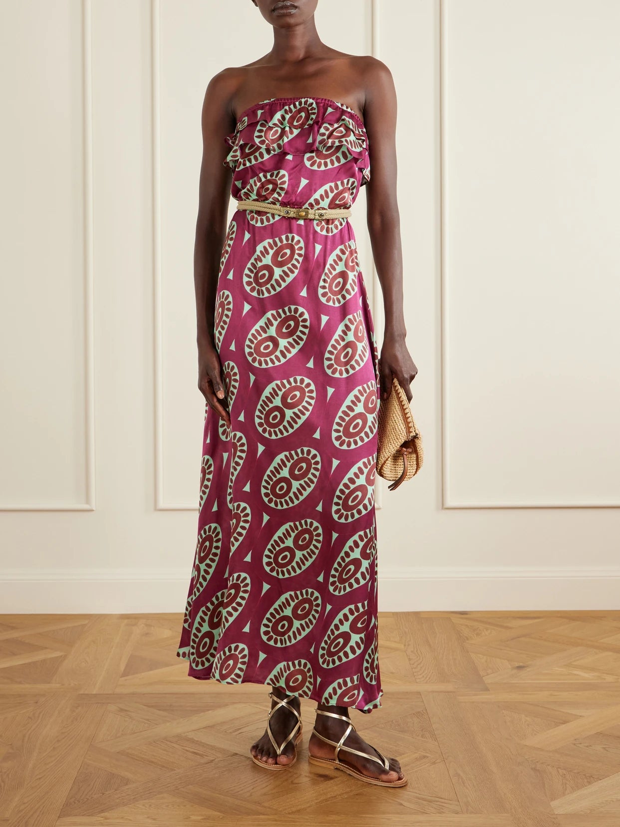Image of Dresses. Product name - Selene Printed Ruffled Silk-blend Maxi Dress in Multi colour by brand - Themis Z