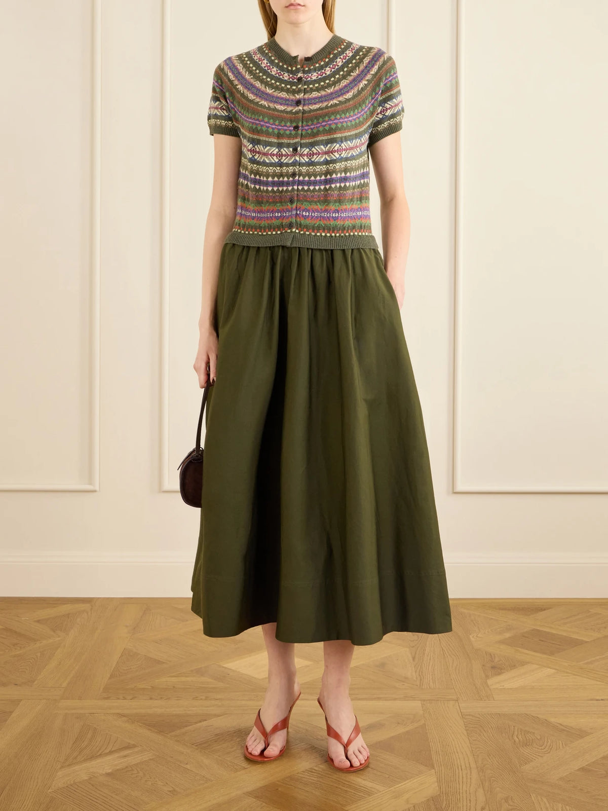 Image of Dresses. Product name - Striped Wool, Cotton And Cashmere-blend Midi Dress in Army green colour by brand - Polo Ralph Lauren