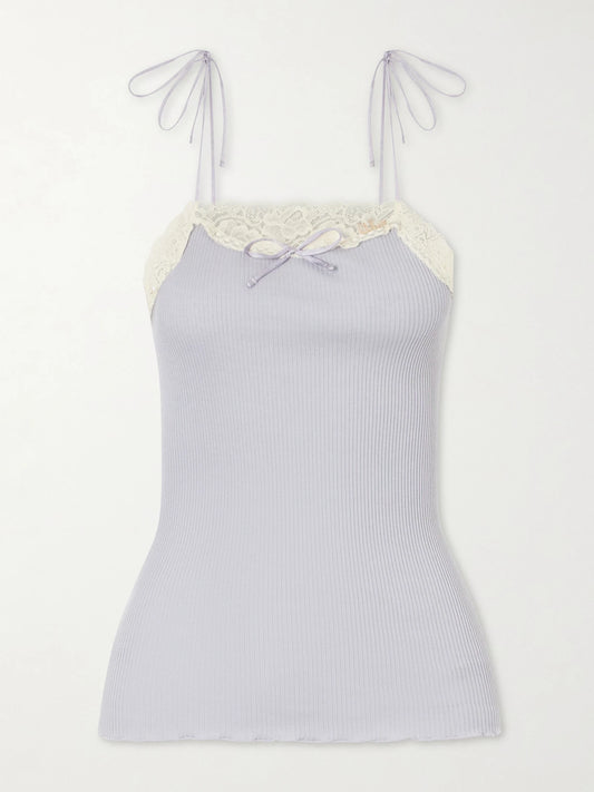 Image of a model wearing Tops. Product name - Logo-embroidered Lace-trimmed Cotton And Silk-blend Tank in Gray colour by brand - Chloé
