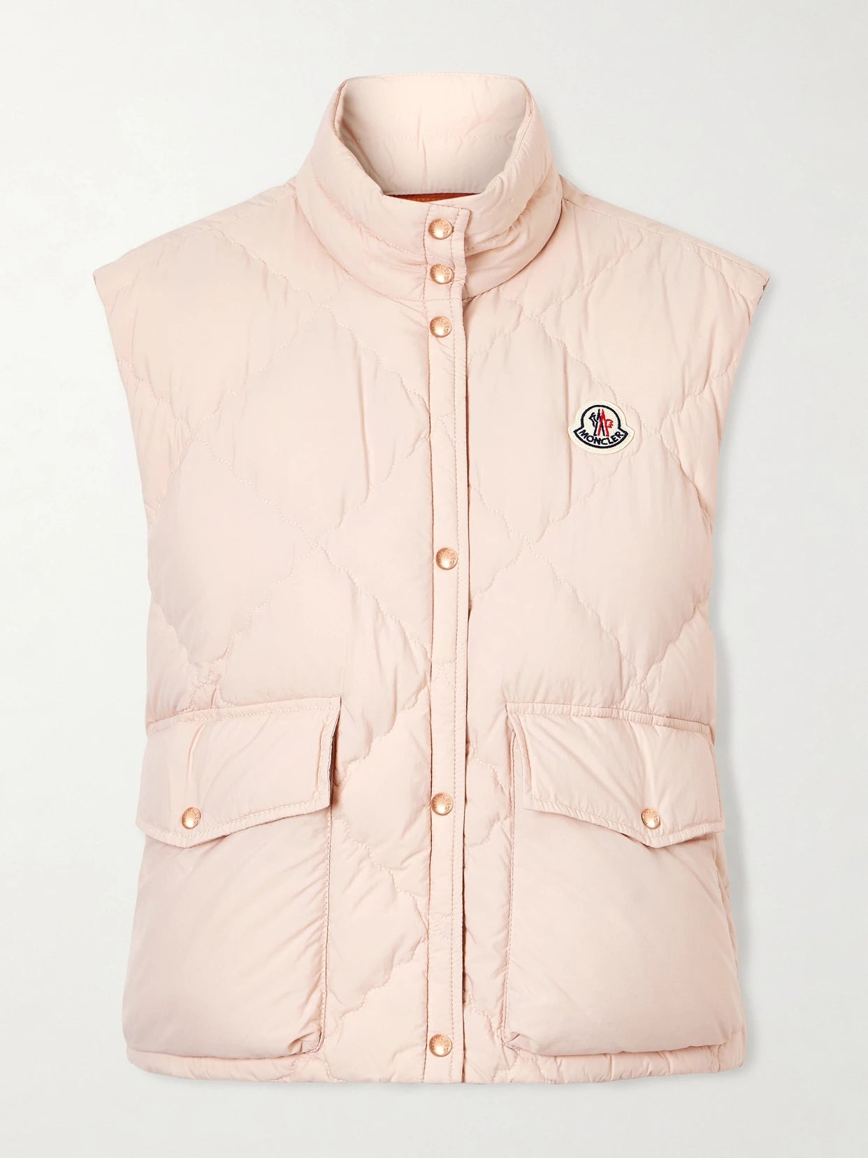 Image of Coats & Jackets. Product name - Biois Cropped Appliquéd Padded Quilted Shell Down Vest in Baby pink colour by brand - Moncler