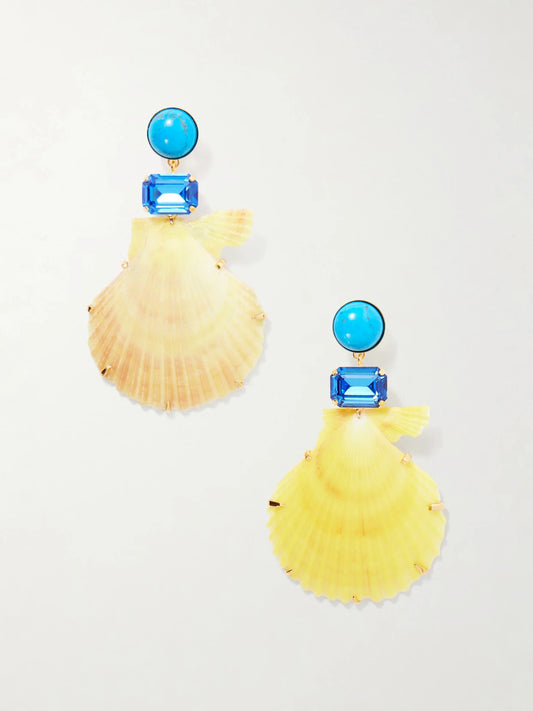 Safira Gold-tone Turquoise And Crystal-embellished Seashell Earrings