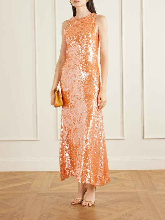 Image of Dresses. Product name - Sequin-embellished Mesh Midi Dress in Orange colour by brand - Dima Ayad