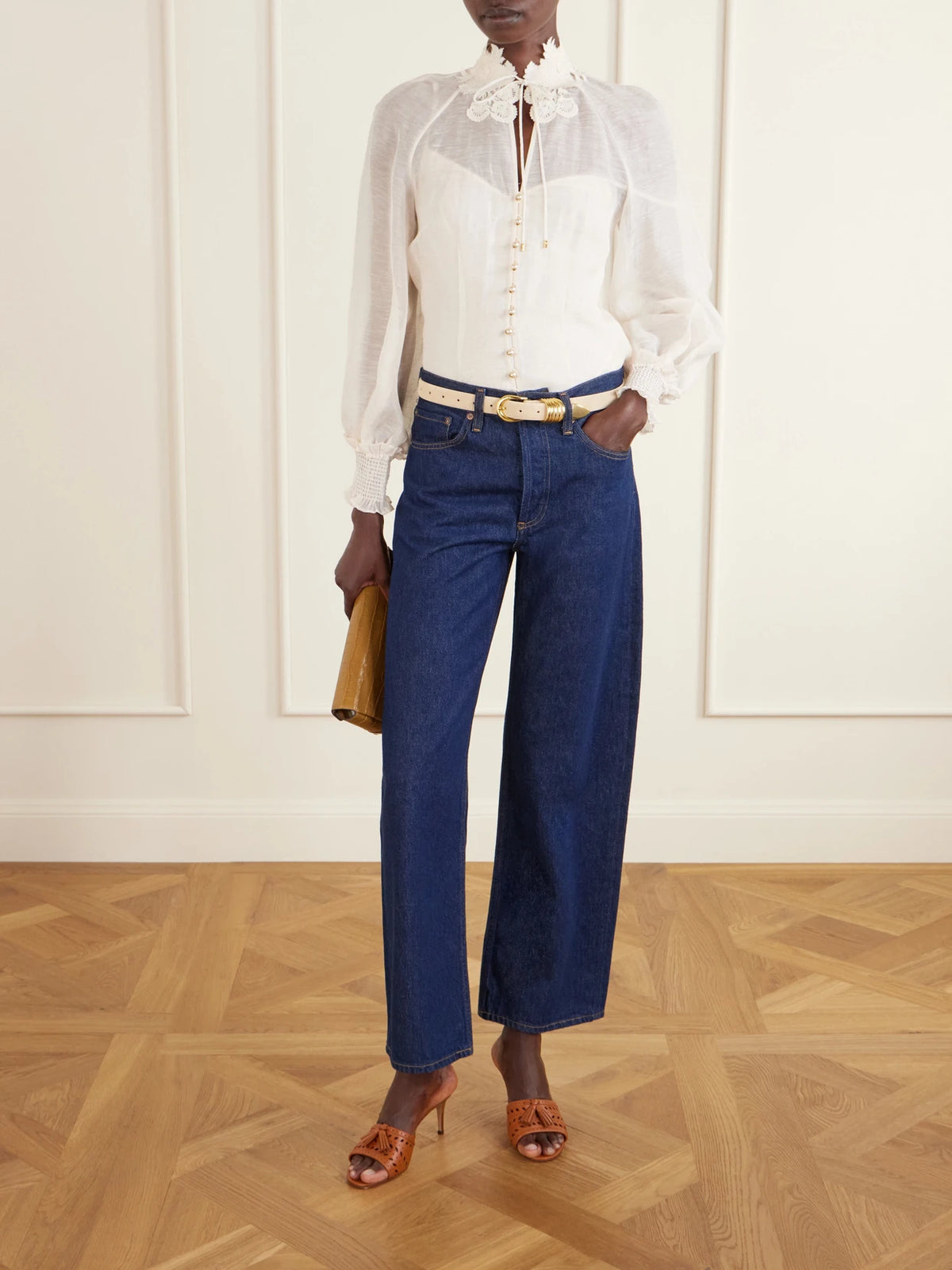 Image of Heels. Product name - 70 Laser-cut Leather Mules in Tan colour by brand - Gianvito Rossi