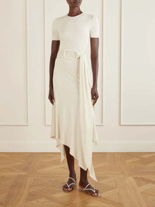 Image of Dresses. Product name - Asymmetrical Belted Jersey Midi Dress in Cream colour by brand - Alaïa