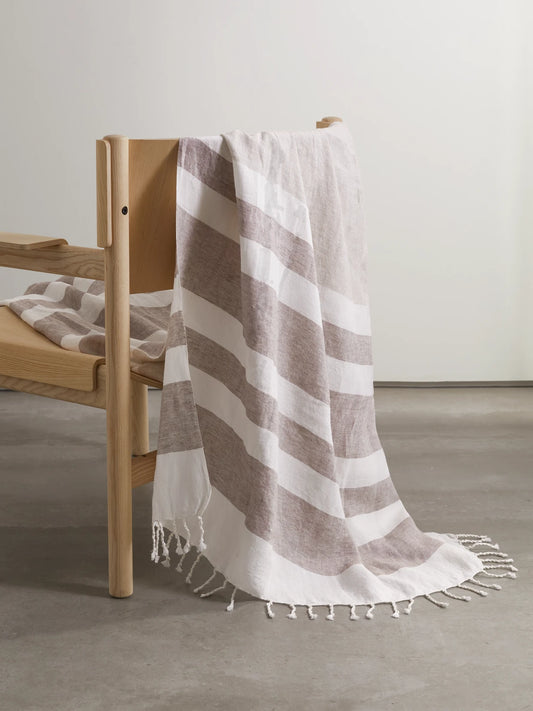 Fringed Striped Linen-blend Blanket