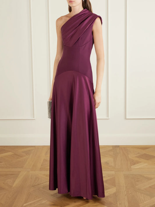 Image of Dresses. Product name - Gabriela Pleated Satin Gown in Dark purple colour by brand - Solace London