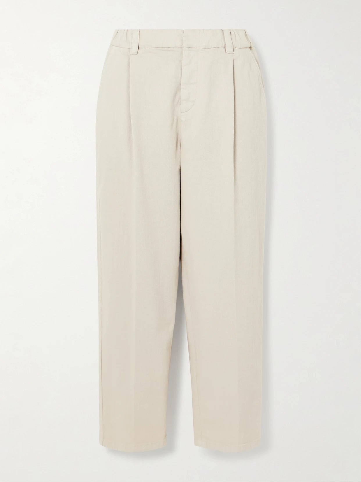 Image of a model wearing Pants. Product name - Cropped Pleated Stretch-cotton Twill Tapered Pants in White colour by brand - Brunello Cucinelli