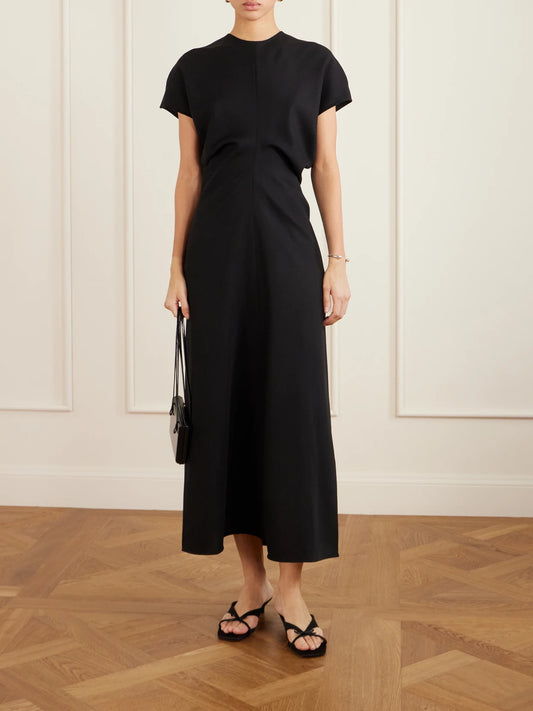 Image of Dresses. Product name - Gathered Wool Maxi Dress in Black colour by brand - TOTEME