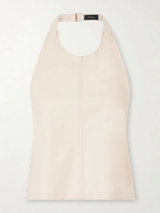 Image of a model wearing Tops. Product name - Cotton-blend Halterneck Top in Blush colour by brand - WARDROBE. NYC