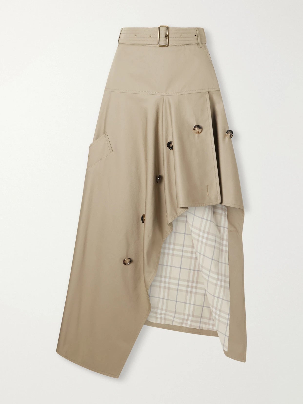 Image of a model wearing Skirts. Product name - Heather Belted Asymmetric Cotton-gabardine Midi Skirt in Beige colour by brand - Burberry