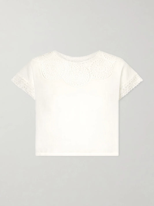 Image of a model wearing Tops. Product name - Caila Crochet-trimmed Ramie Top in Ivory colour by brand - Nili Lotan