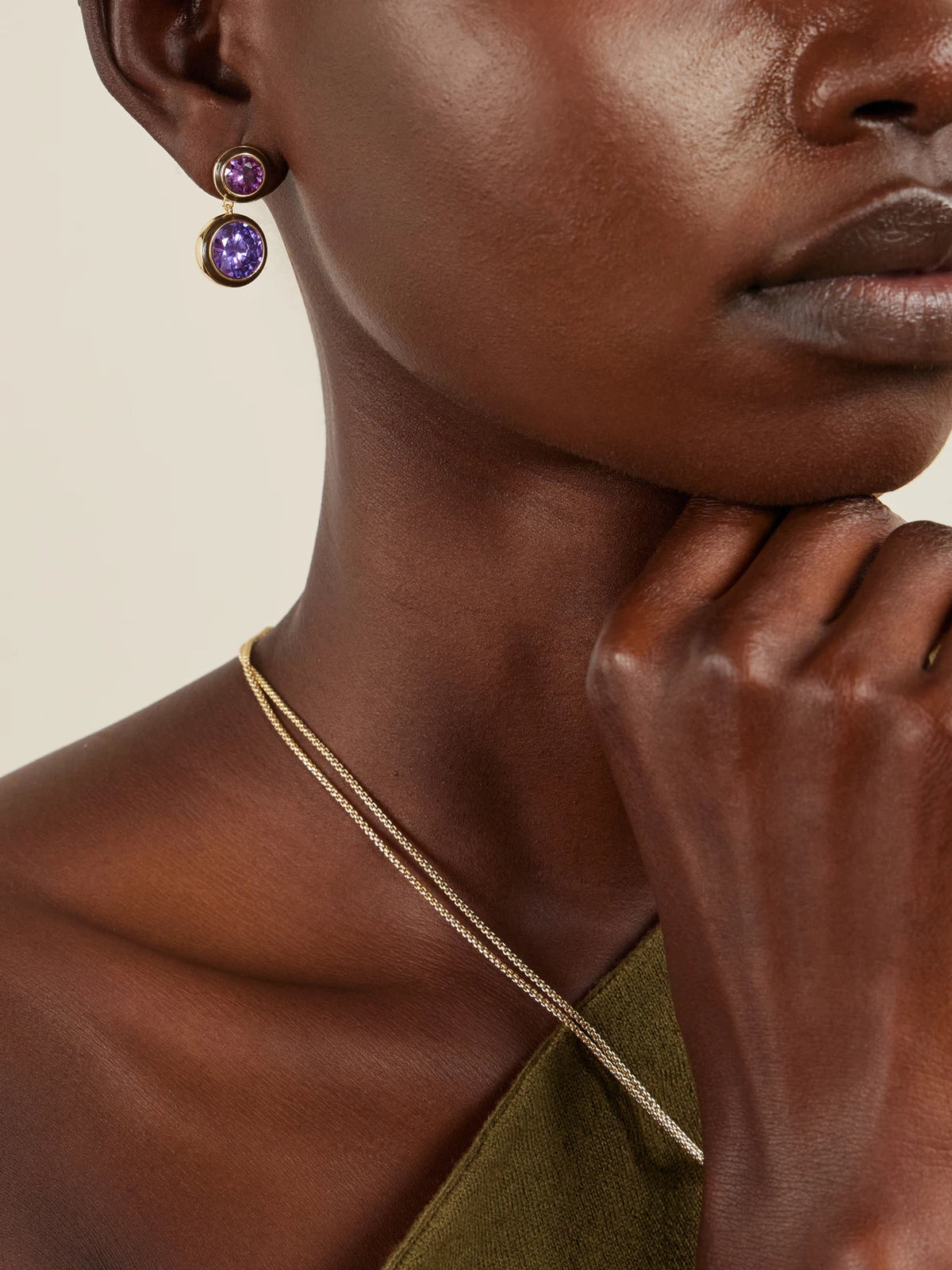 Image of Earrings. Product name - The Cubic Double Gold-tone, Cubic Zirconia And Enamel Earrings in Purple colour by brand - Roxanne Assoulin