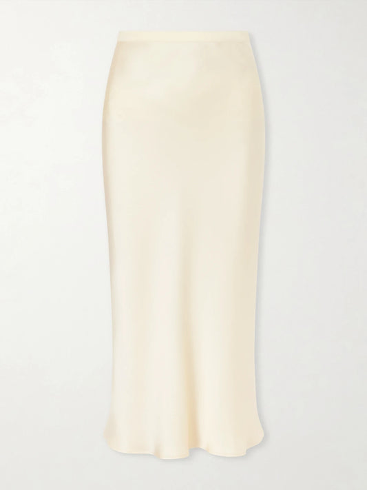 Image of a model wearing Skirts. Product name - Bar Silk-charmeuse Midi Skirt in Cream colour by brand - Anine Bing