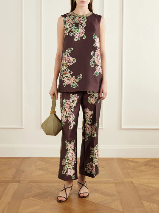 Image of Outfit Sets. Product name - Josie Cropped Floral-print Twill Flared Pants in Brown colour by brand - ALÉMAIS