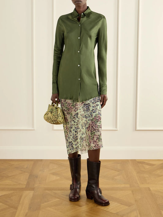 Image of a model wearing Tops. Product name - Crinkled Satin Shirt in Green colour by brand - Dries Van Noten