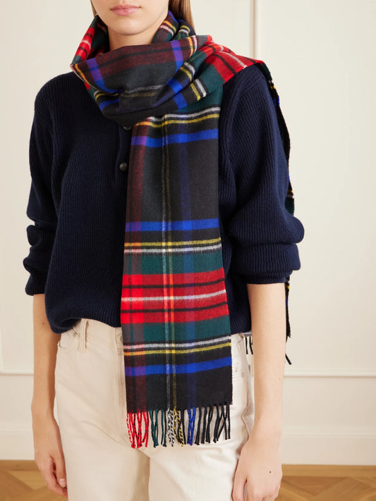 Image of Scarves & Shawls. Product name - Fringed Checked Wool Scarf in Multi colour by brand - Johnstons of Elgin