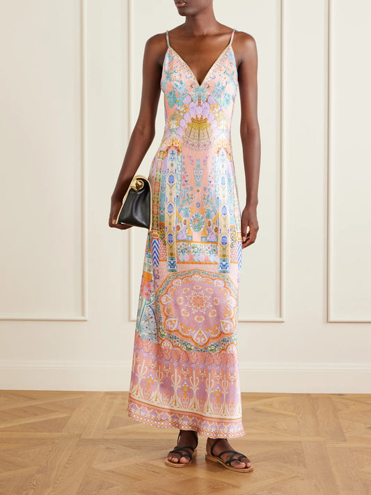 Image of Dresses. Product name - Printed Silk-satin Maxi Dress in Pink colour by brand - Camilla