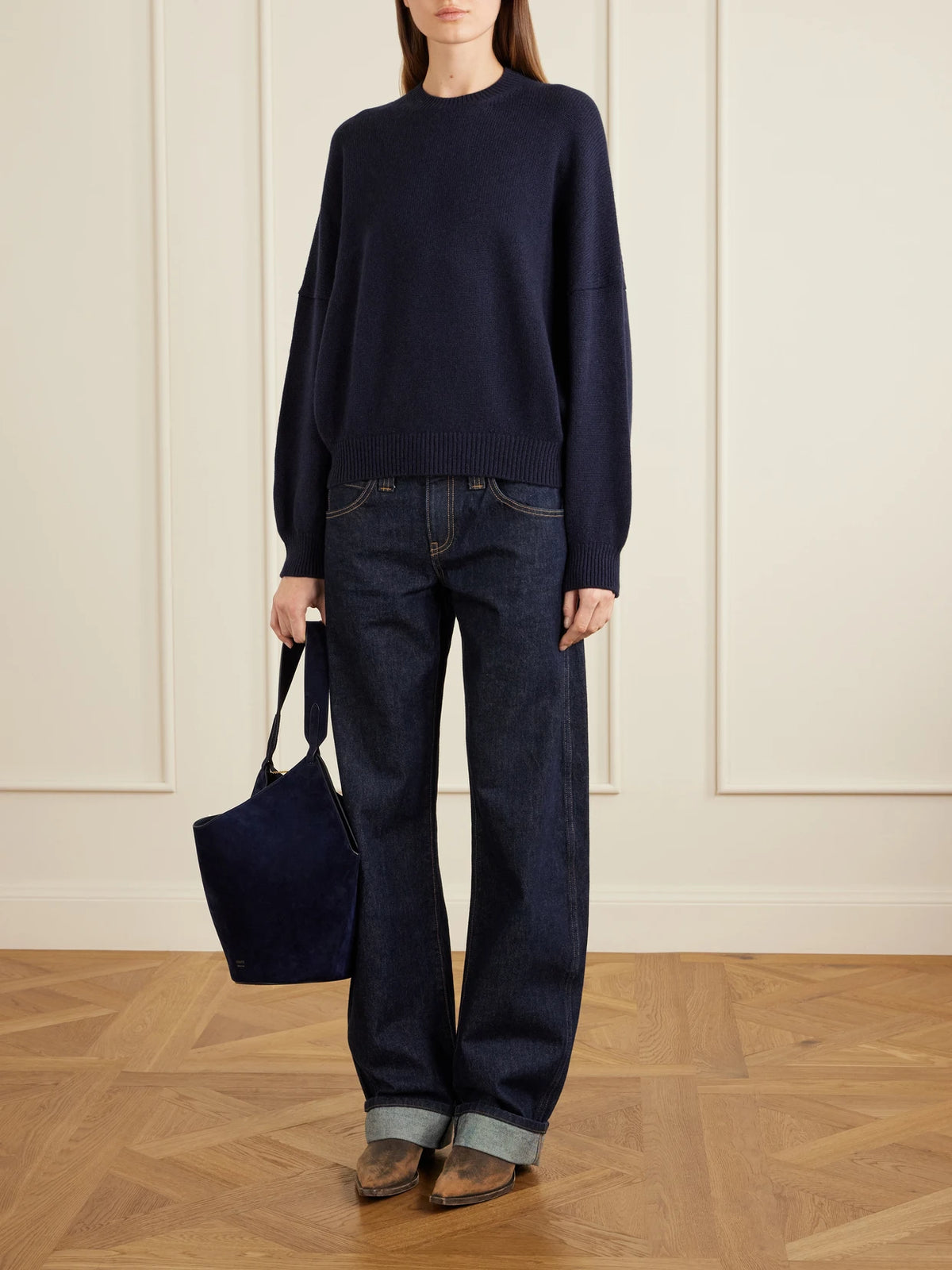 Image of Bags. Product name - Lotus Suede Shoulder Bag in Midnight blue colour by brand - KHAITE