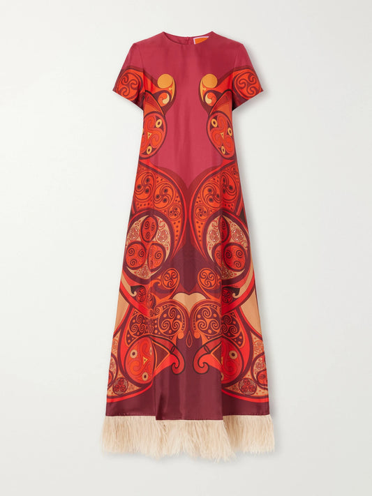 La DoubleJ Swing Feather-trimmed Printed Silk-twill Maxi Dress