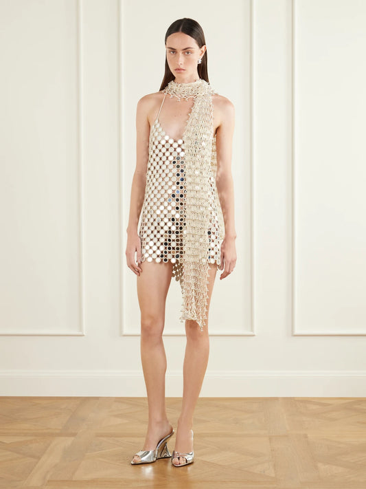 Image of Dresses. Product name - Abla Embellished Cotton Crochet-knit Halterneck Mini Dress in Cream colour by brand - Yoshita 1967