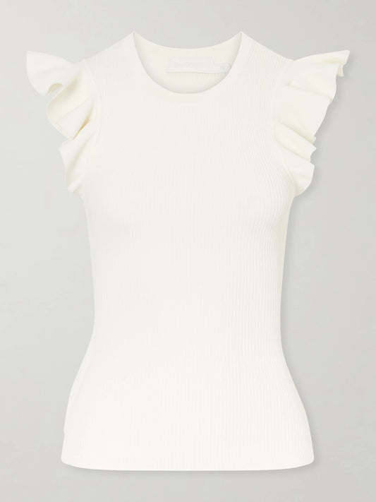 Image of a model wearing Tops. Product name - Aster Frill Racer Ribbed-knit Tank in White colour by brand - Zimmermann