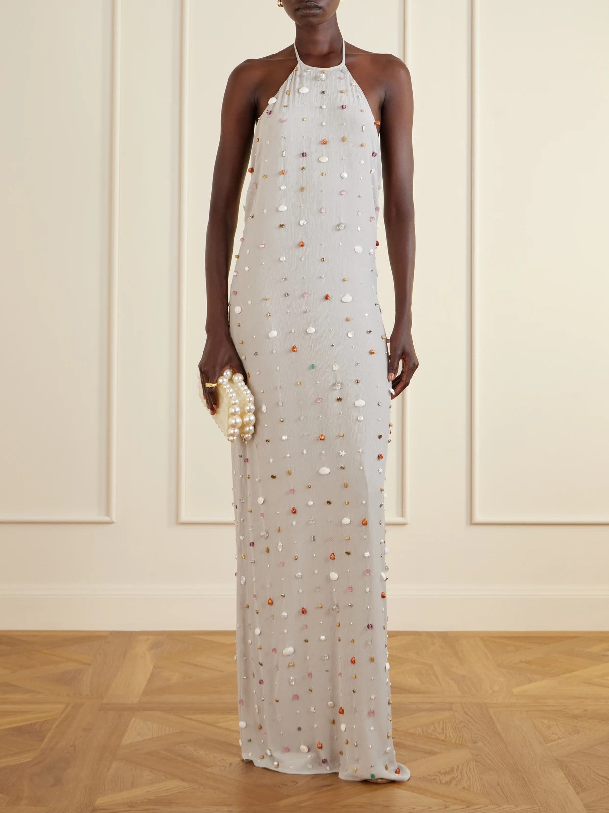 Image of Dresses. Product name - Francine Pearl-embellished Crinkled-shell Halterneck Dress in White colour by brand - BERNADETTE