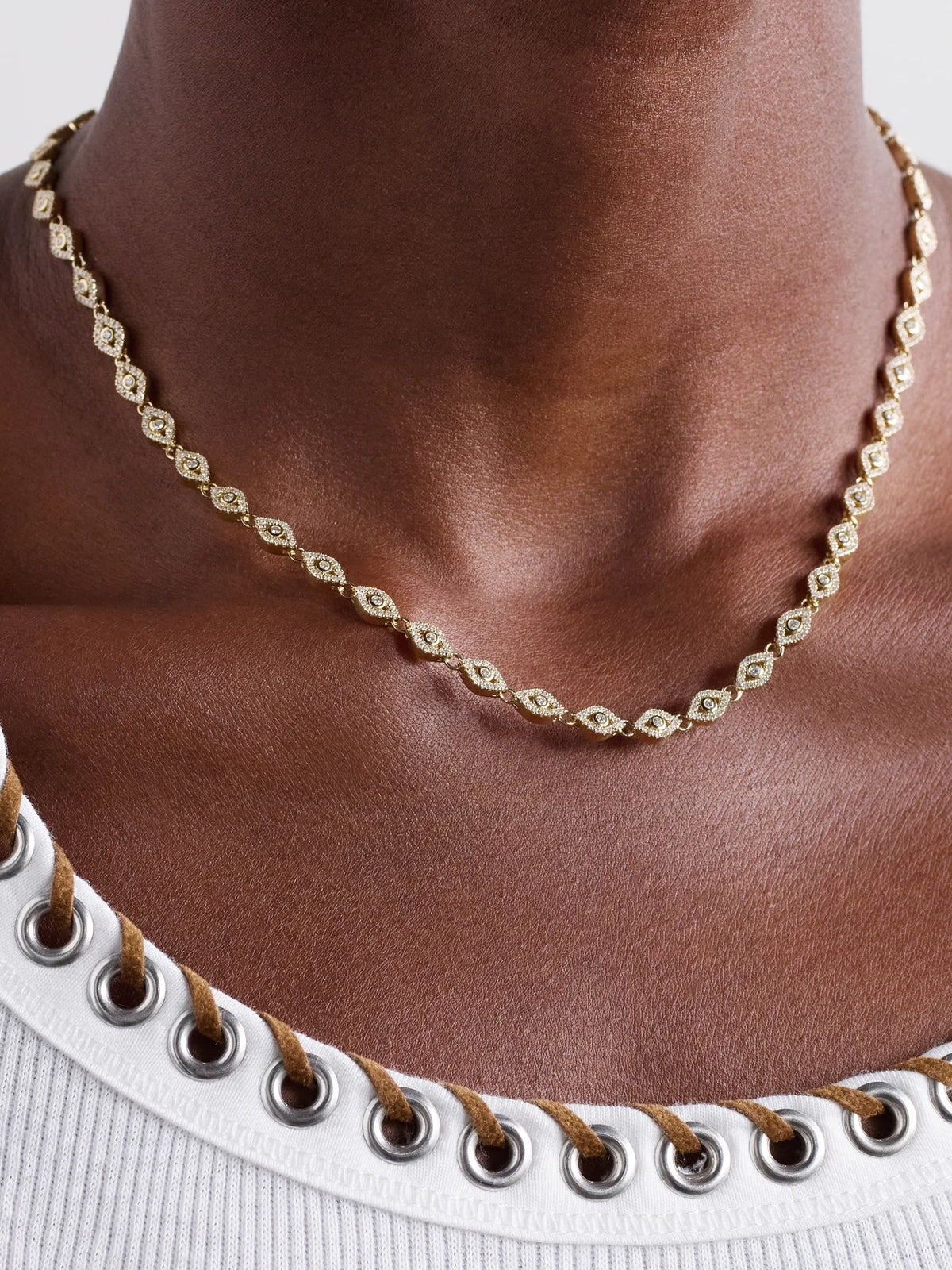 Image of Necklaces. Product name - Small Evil Eye Eternity 14-karat Gold Diamond Necklace in Multi colour by brand - Sydney Evan