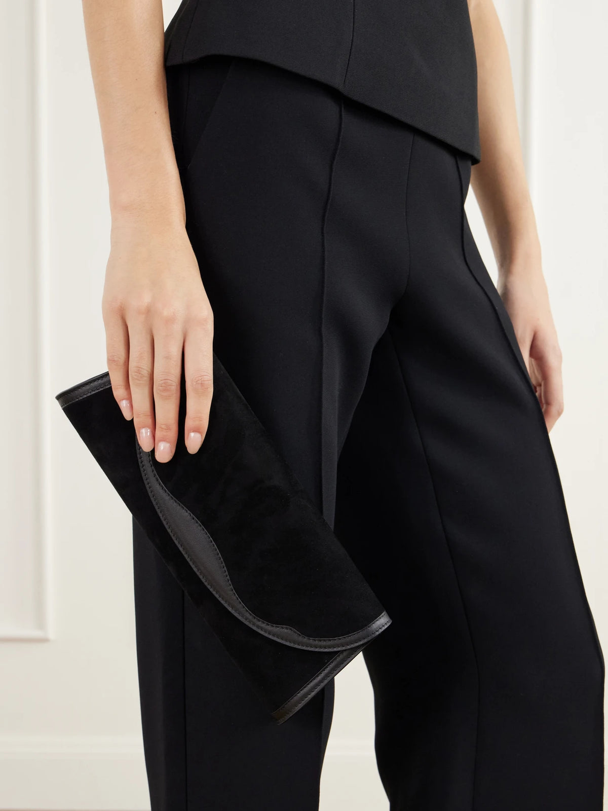 Image of Bags. Product name - The Opera Leather-trimmed Suede Clutch in Black colour by brand - Hunting Season