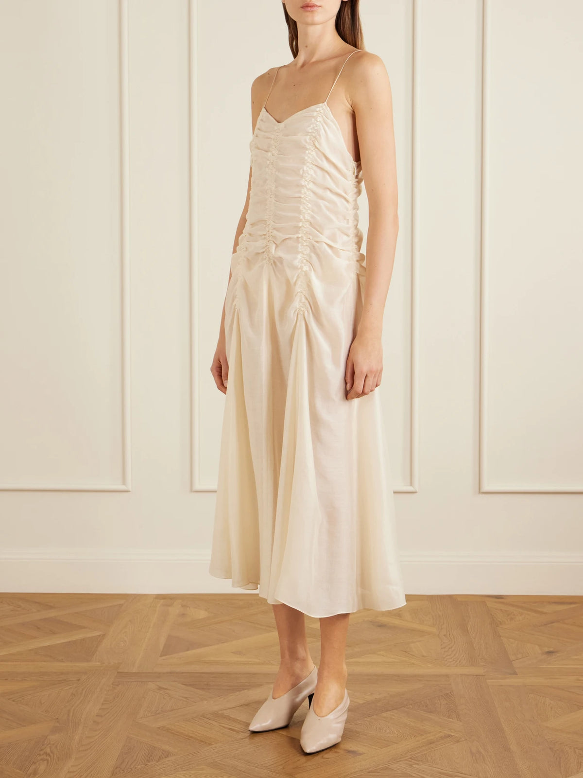 Image of Dresses. Product name - Raina Ruched Silk-blend Midi Dress in Ivory colour by brand - KHAITE