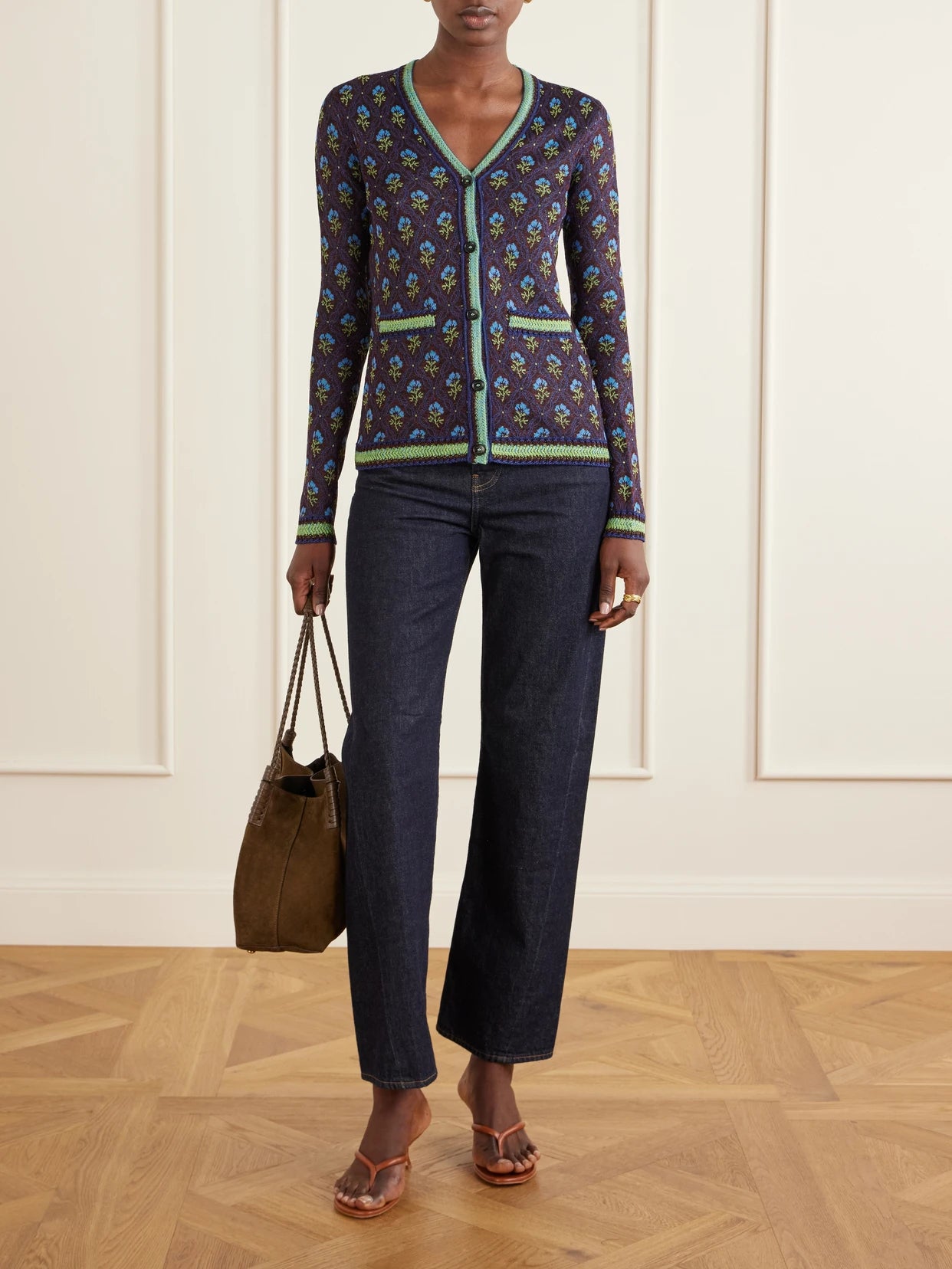 Image of a model wearing Outerwear. Product name - Embroidered Jacquard Cardigan in Blue colour by brand - Etro